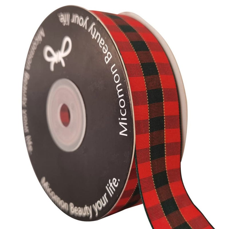 Micomon شريط Micomon X'Mas Gingham Ribbon أخضر أحمر معدني شريط Gingham بطول 25 ياردة لكل لفة 100% بوليستر (1 بوصة"، أحمر أخضر ذهبي) - Image 1
